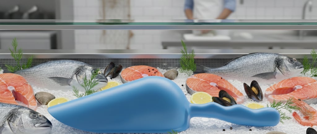 Sessola blu HACCP per pescheria. Progettata per la movimentazione sicura di pesce fresco e ghiaccio.