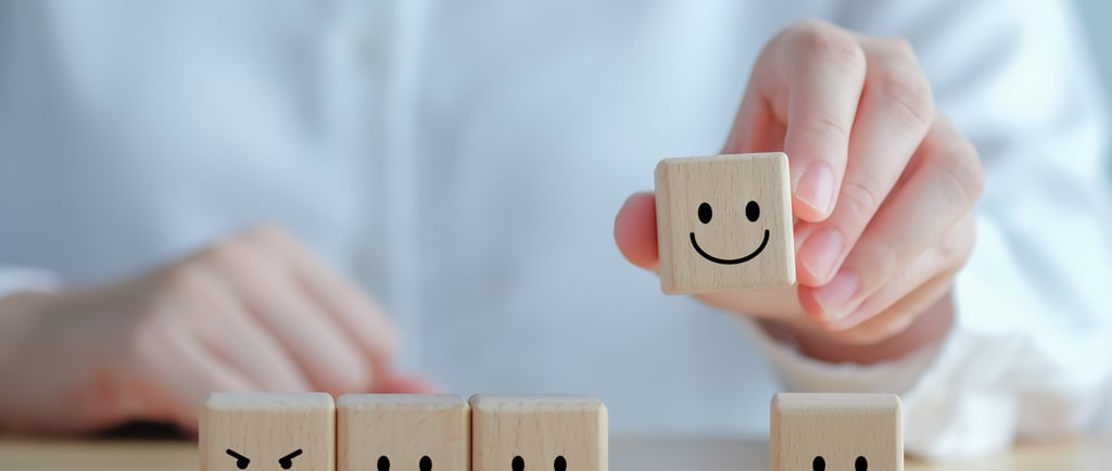 Selecionar manualmente um ícone de rosto feliz em blocos de madeira representando a satisfação