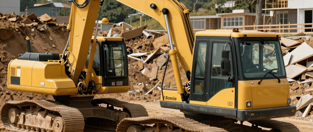 Woman walks past construction warning signs