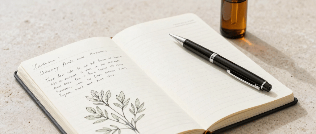 Journal with writing and herb drawing.