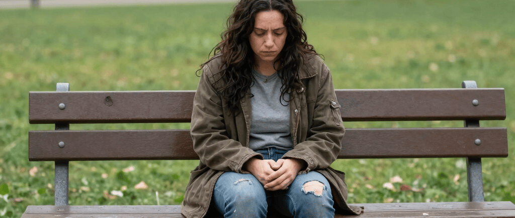 Imagen que representa una mujer transgénero sola, discrimnada, vulenrable.