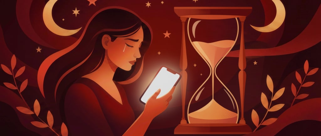 Illustration d'une femme triste regardant son smartphone lumineux à côté d'un grand sablier