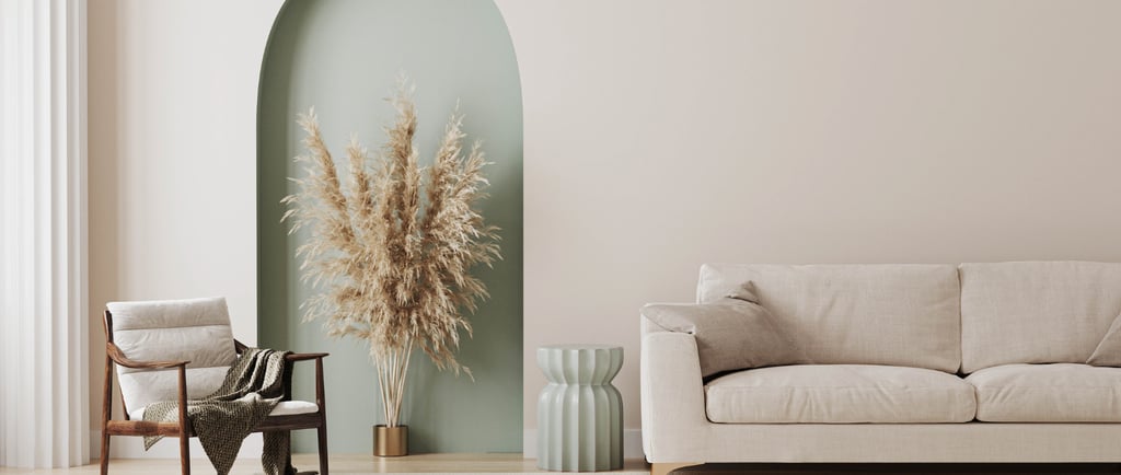 A new build living room with wooden shutters, limewash walls and a linen sofa.