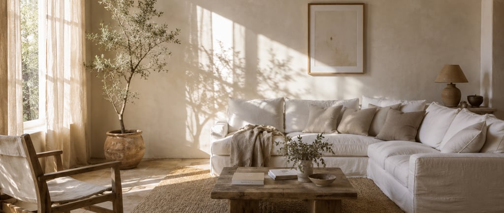 A bright southern living room with linen curtains and limewash walls.