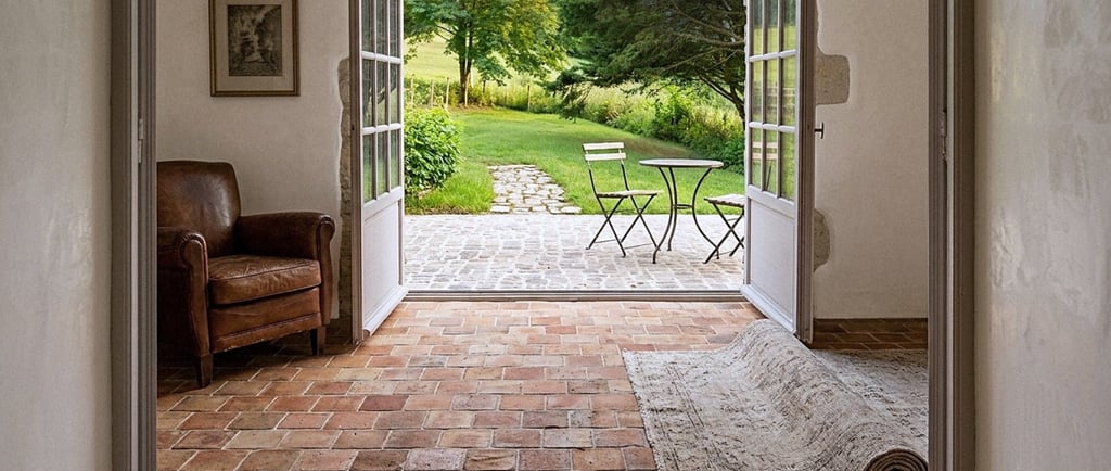 Aged terracotta floor tiles in a French Mediterranean interior.