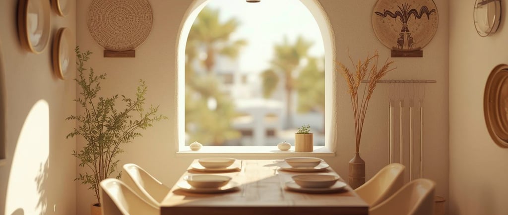 Warm neutral French Mediterranean Dining Room.
