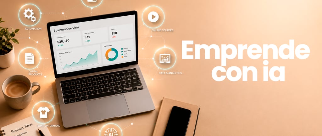 Espacio de trabajo en casa rodeado de íconos de negocios online que se pueden lanzar 2026 con ia
