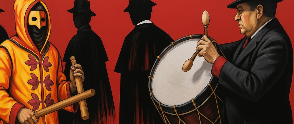 El Colacho in yellow costume and mask on the left, Atabalero in black playing drum on the right