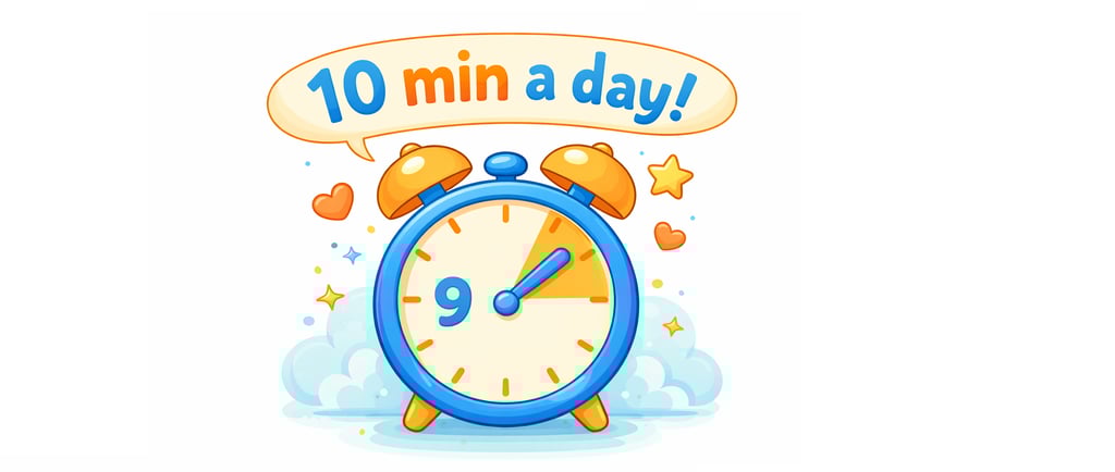 Simple cartoon-style illustration of a blue alarm clock with orange bells, showing a short time interval
