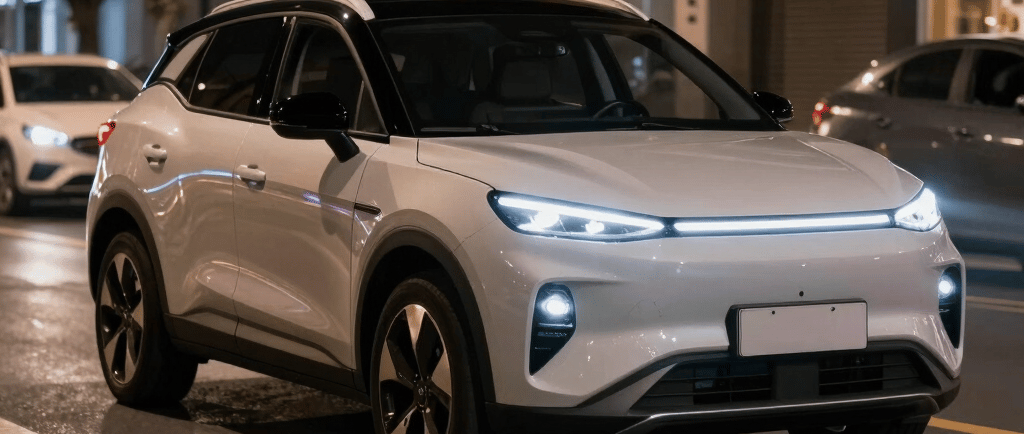 Sleek modern Chinese electric car illuminated under city lights at night