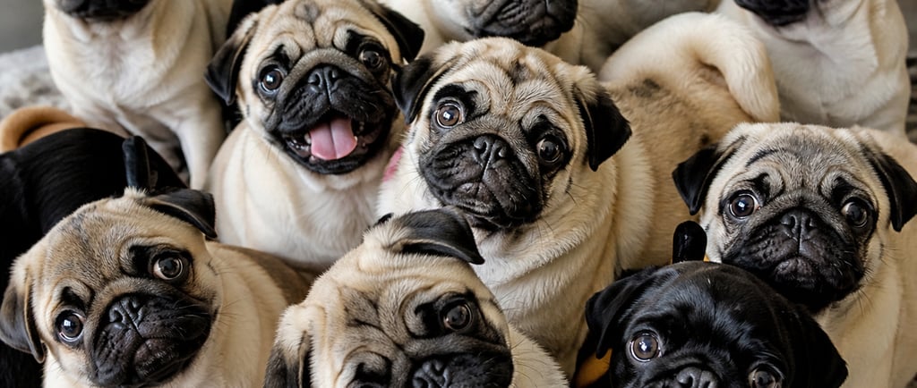 A group of adorable fawn and black pugs sitting together on a rug looking at the camera.