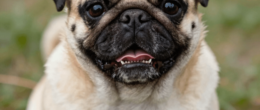 a small pug dog sitting on a blue couch
