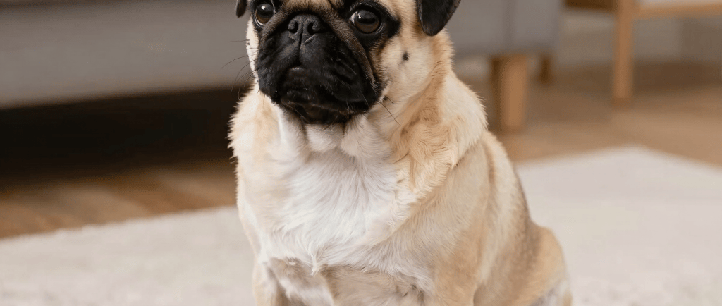 A playful pug puppy learning to sit on a cozy living room rug.