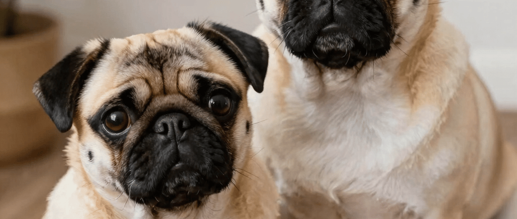 black pug wearing striped apparel