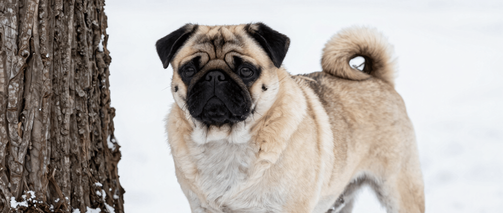 a brown pug standing in the snow next to a tree
