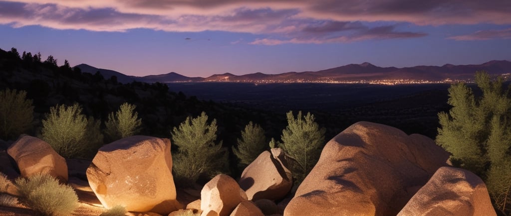 boulders illuminated at night