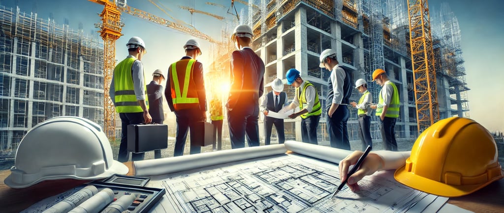Profissional gerenciando obra de construção civil com planta e equipamentos no local