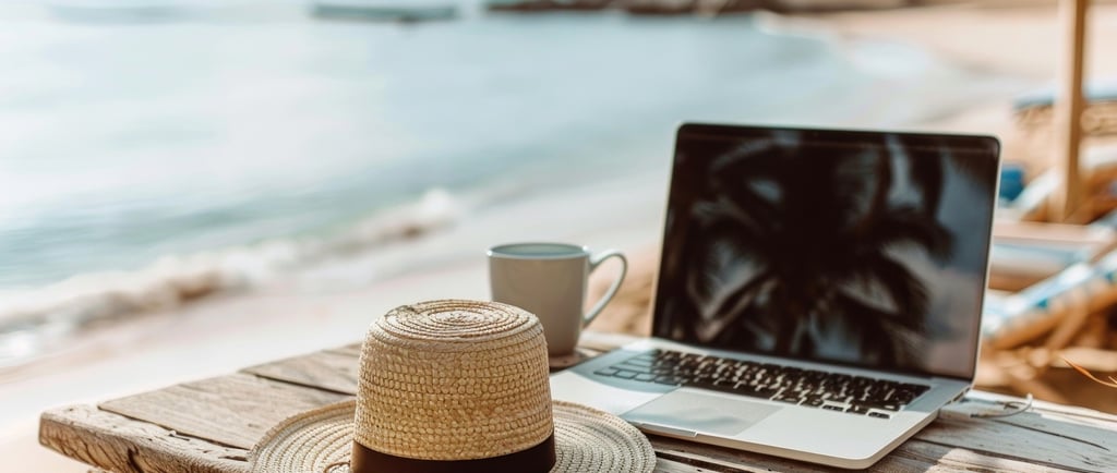 A laptop computer on a table with a hat and coffee mug, overlooking a beautiful morning beach scene 