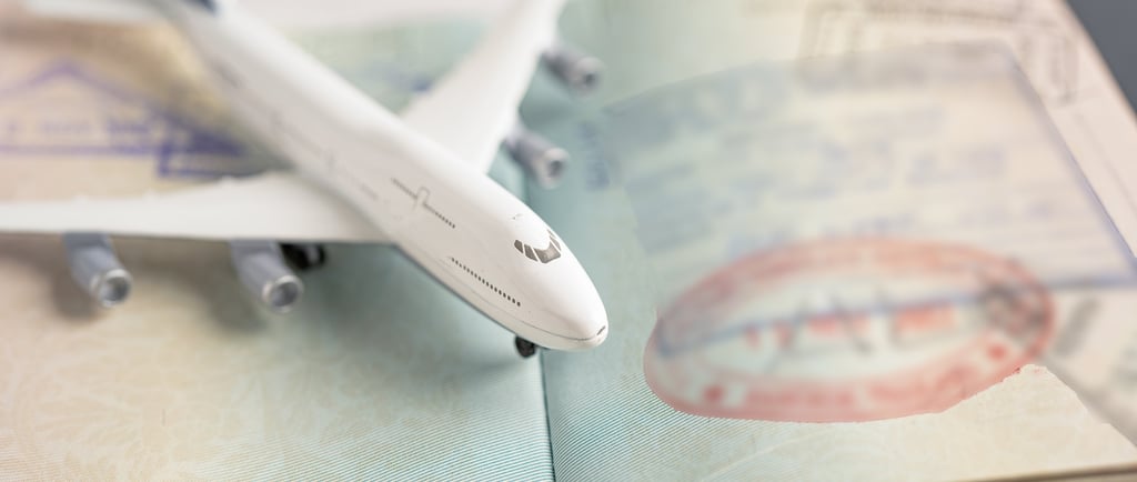 a minutaure plane is sitting on top of a passport page with a visa stamp