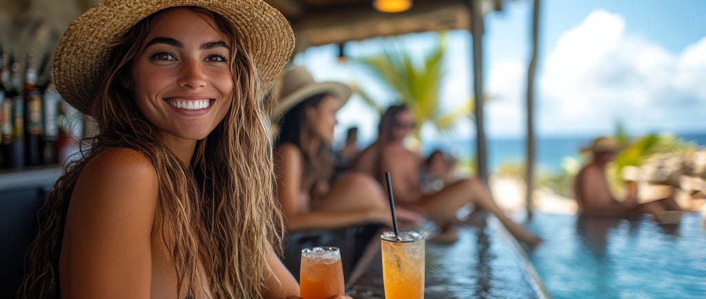 An attractive woman wearing a straw hat enjoys a drink at a bar in an all-inclusive resort in the Do