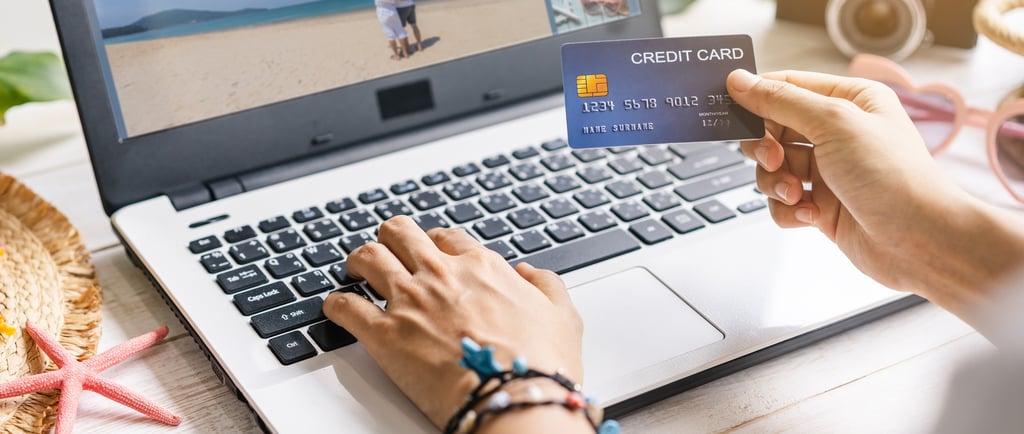 a person holding a credit card in front of a laprop