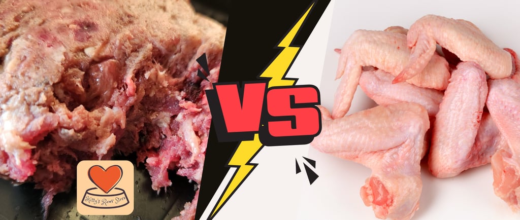 image showing complete raw cat food mince against plain raw chicken wings 