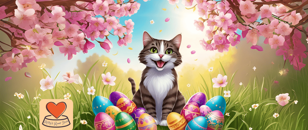 happy cat surrounded by colourful easter eggs at Kitty's rawr store