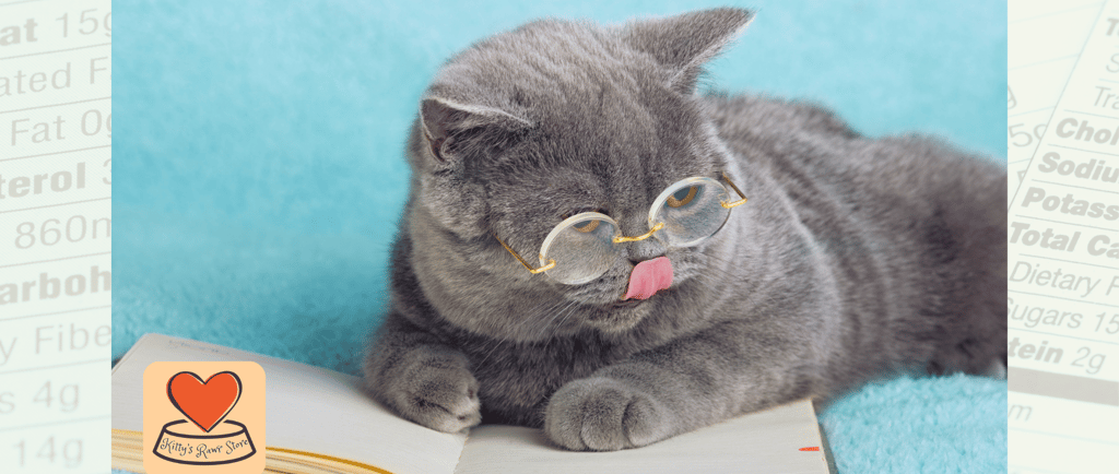 A cat trying to understand the ingredients label on cat food packaging.