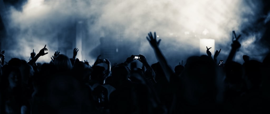 a crowd of people standing in front of a stage