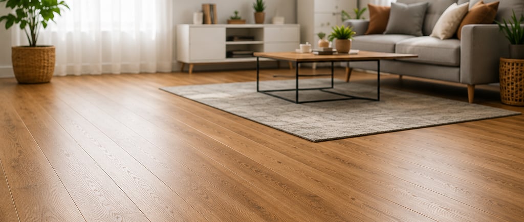 Modern living room featuring light oak laminate flooring, a gray sofa, and minimalist decor.