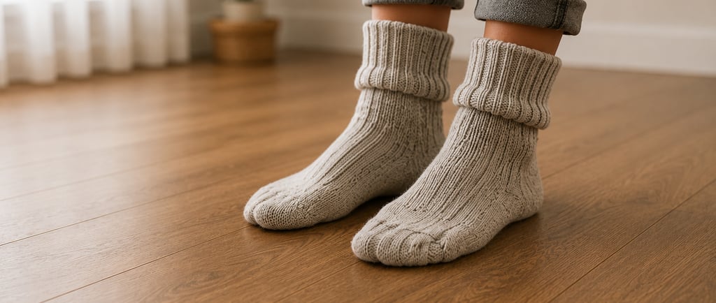 A person wearing thick grey wool socks and cuffed jeans standing on a warm wooden floor.
