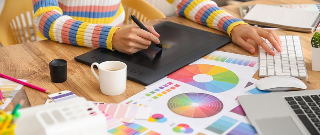 uma mulher sentada à mesa com um tablet e um copo de café