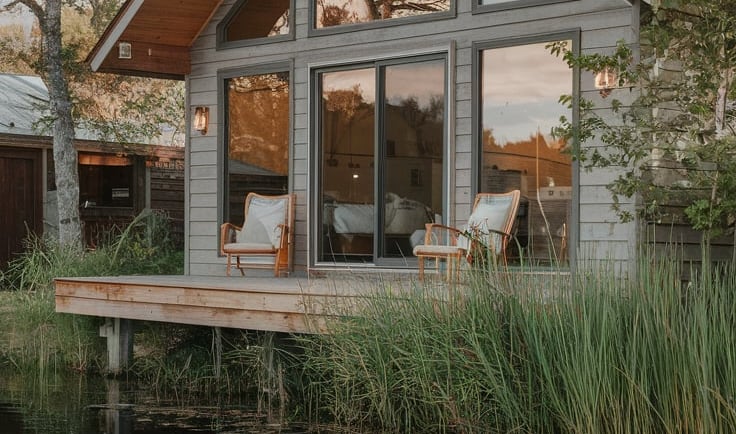 a modern airbnb on a lake showing the back porch