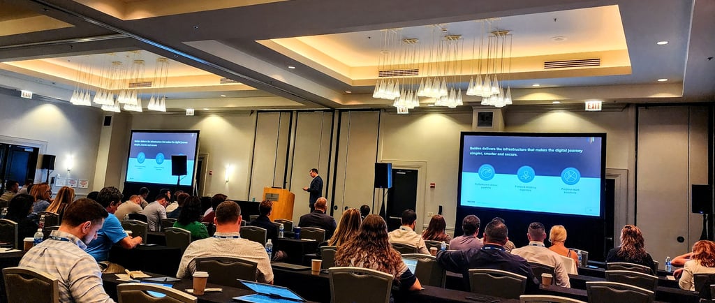 corporate event with two big screens, speakers and podium