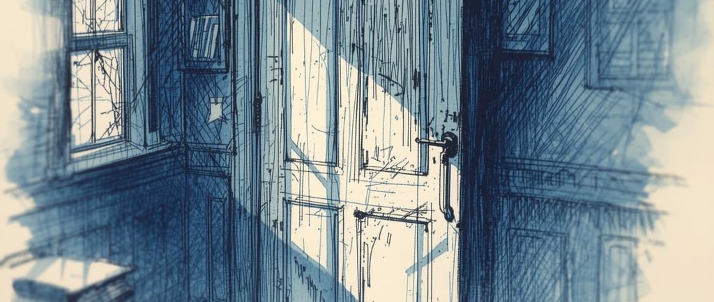 a door with a door open and a bunch of books on the floor