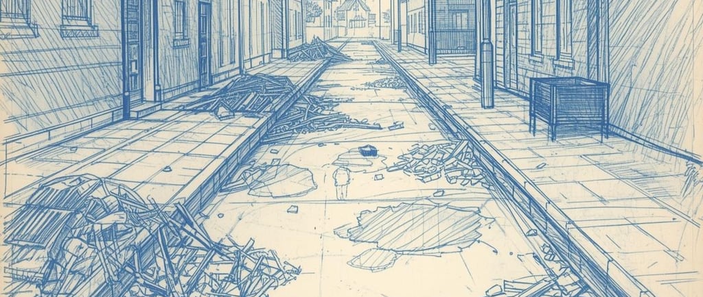 a drawing of a street scene with debris ash