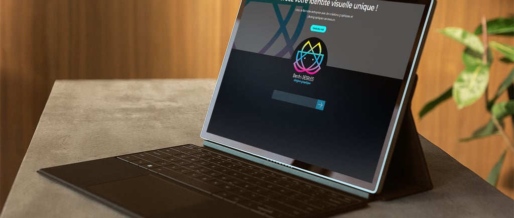 Ordinateur portable ouvert, alumé avec page d'un site internet et posé sur un bureau en béton ciré