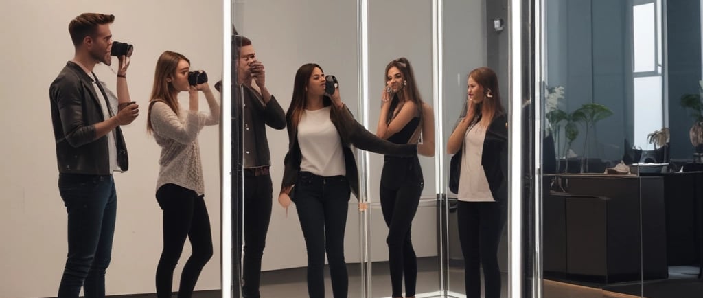 grayscale photo of man standing in front of mirror