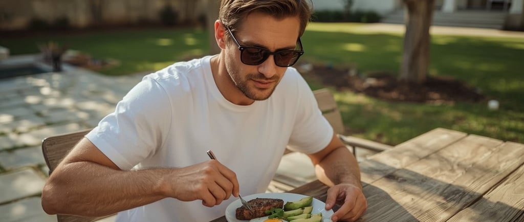 a man eating steak and eggs for high-protein breakfast
