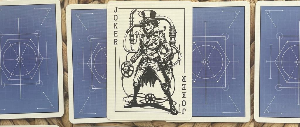 Joker card face up on top of faced down cards with blue geometric pattern showing