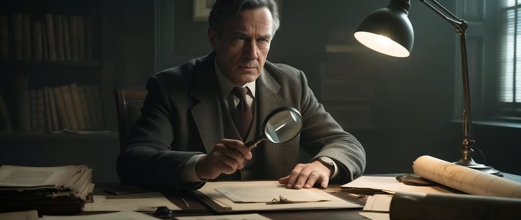 Un uomo seduto a una scrivania con una lente d'ingrandimento in mano per scoprire e conoscere Gesú