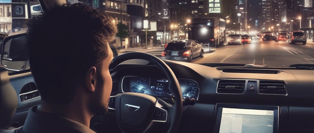 A McDonald's delivery person rides a bicycle through an urban area during twilight. The cyclist carries a branded delivery box on their back, and the streets are illuminated with streetlights and building lights. The scene features modern architecture with a mix of commercial storefronts.