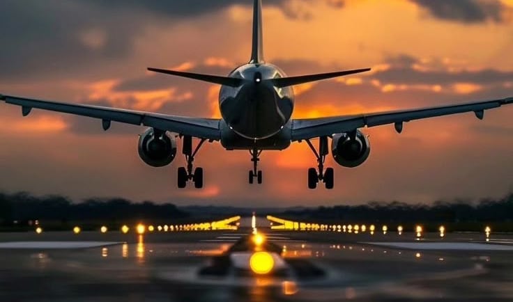 a plane taking off from the runway at sunset