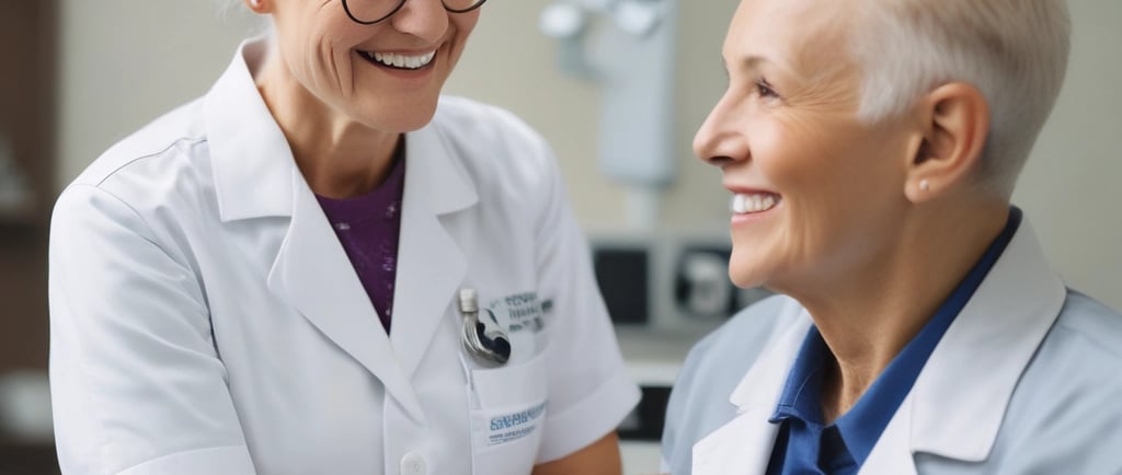 Close-up of a scientist examining cancer cells under a microscope in a clinical lab.