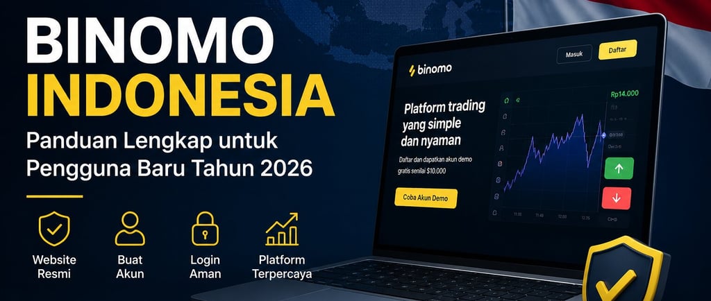 Ilustrasi panduan Binomo Indonesia untuk pengguna baru dengan website resmi dan platform trading.