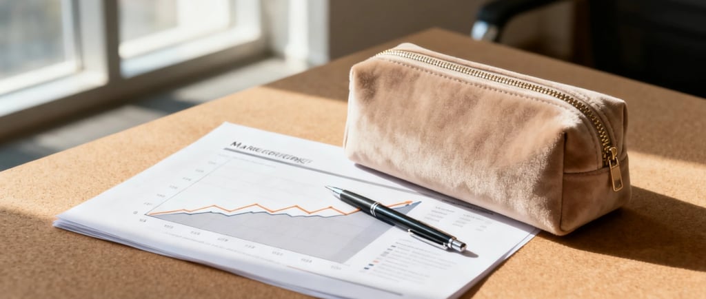 A high-end custom cosmetic pouch placed on a desk next to a business report.
