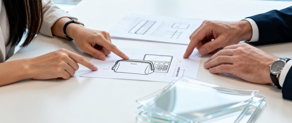 Two business professionals in a discussion over a technical document and material swatches