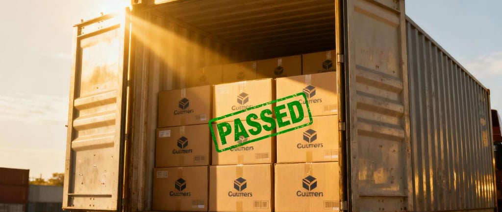  A shipping container full of cartons, with a green "PASSED" stamp, symbolizing a successful deliver