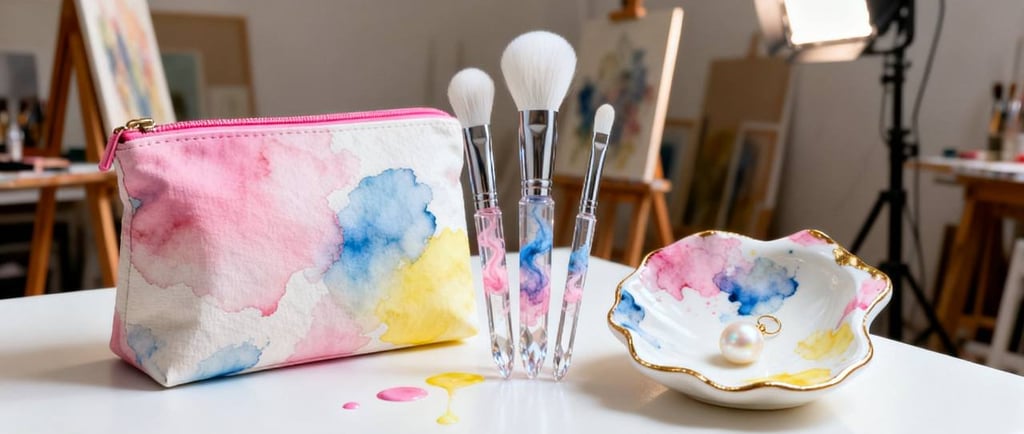 Aquarelle-themed cosmetic bag, brushes, and trinket dish in a studio.