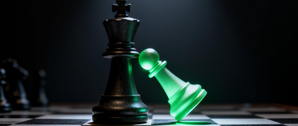 A strategic comeback: a green chess piece winning a game on a chessboard.